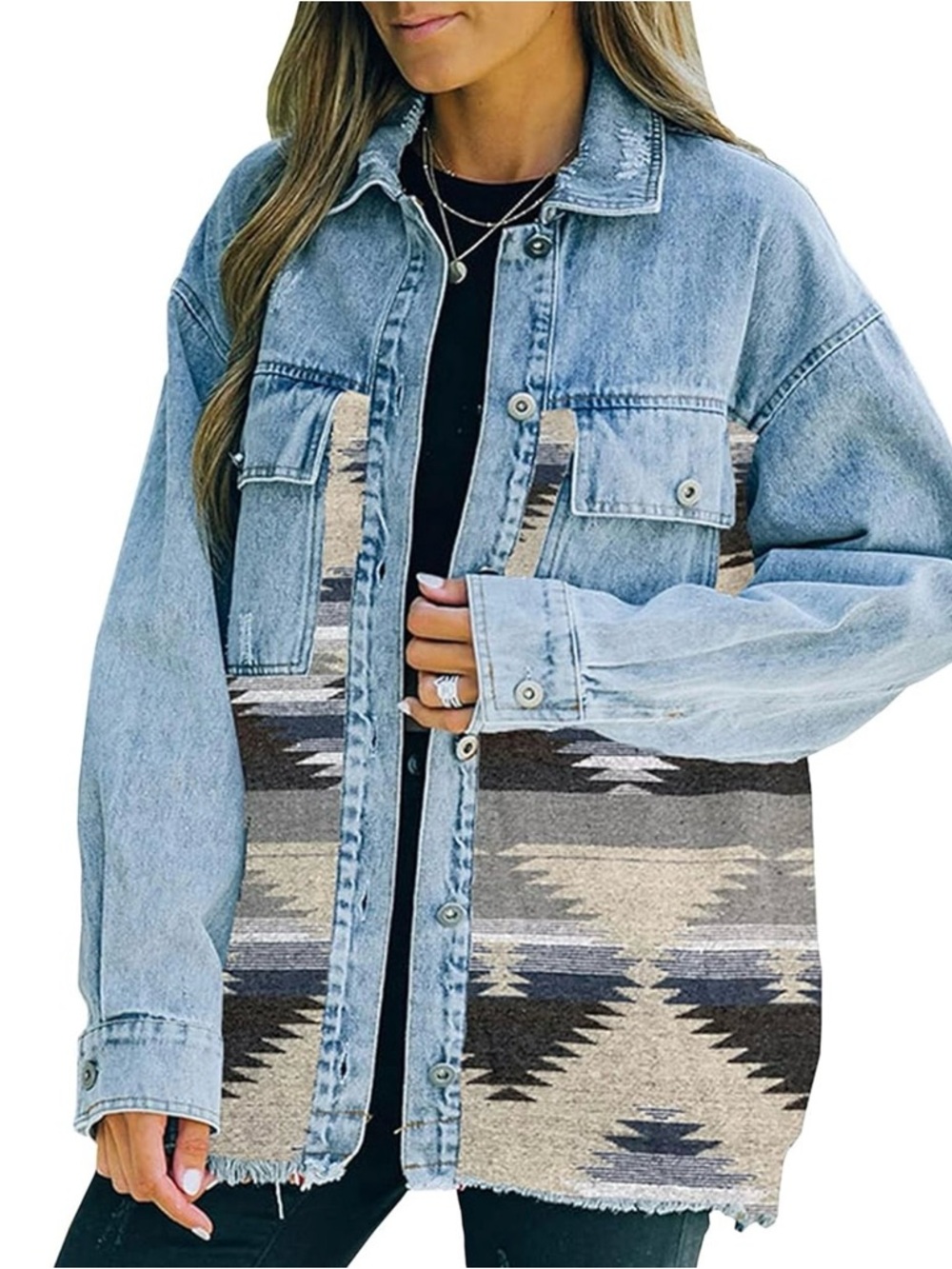 Washed Blue Denim & Olive Aztec Patchwork Jean Jacket